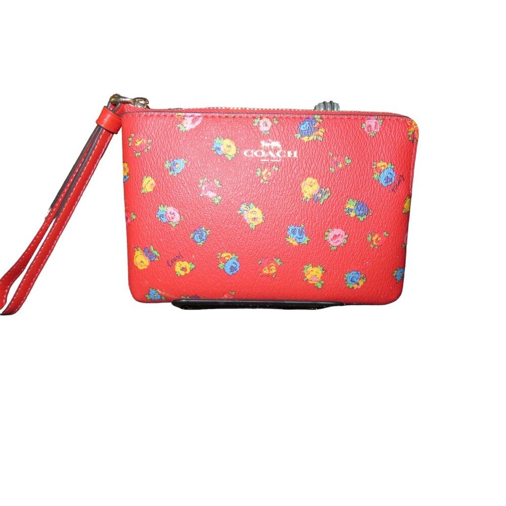 COACH Corner Zip Wristlet Miami Red Rose Print 4 X 6